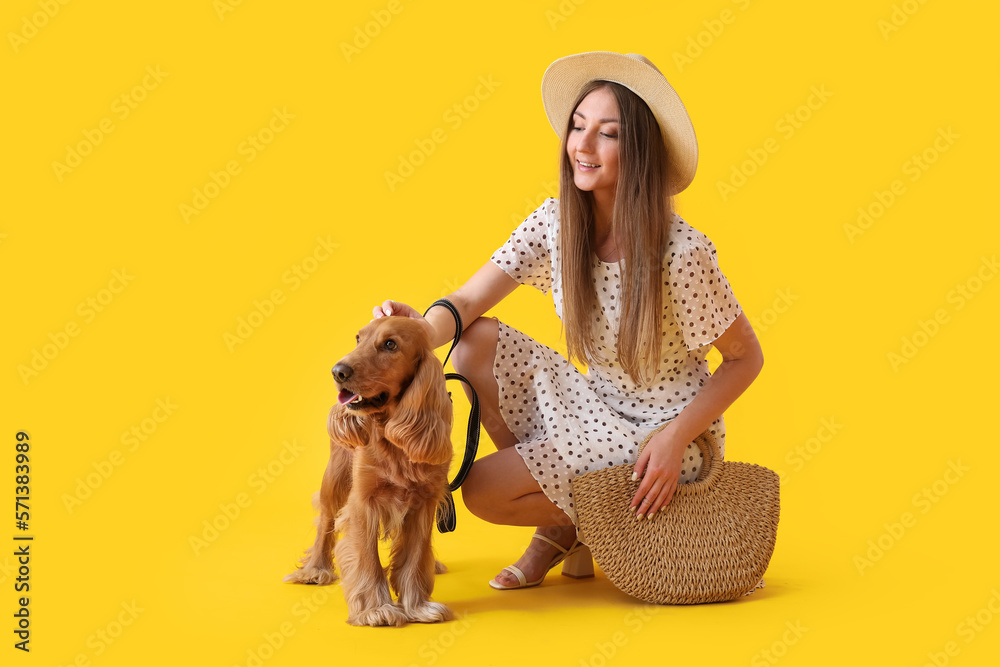 Young woman with red cocker spaniel on yellow background