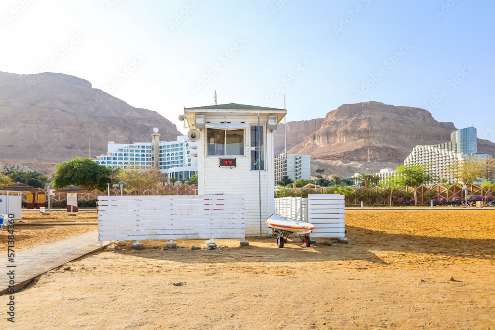 View of lifeguard house on sea beach