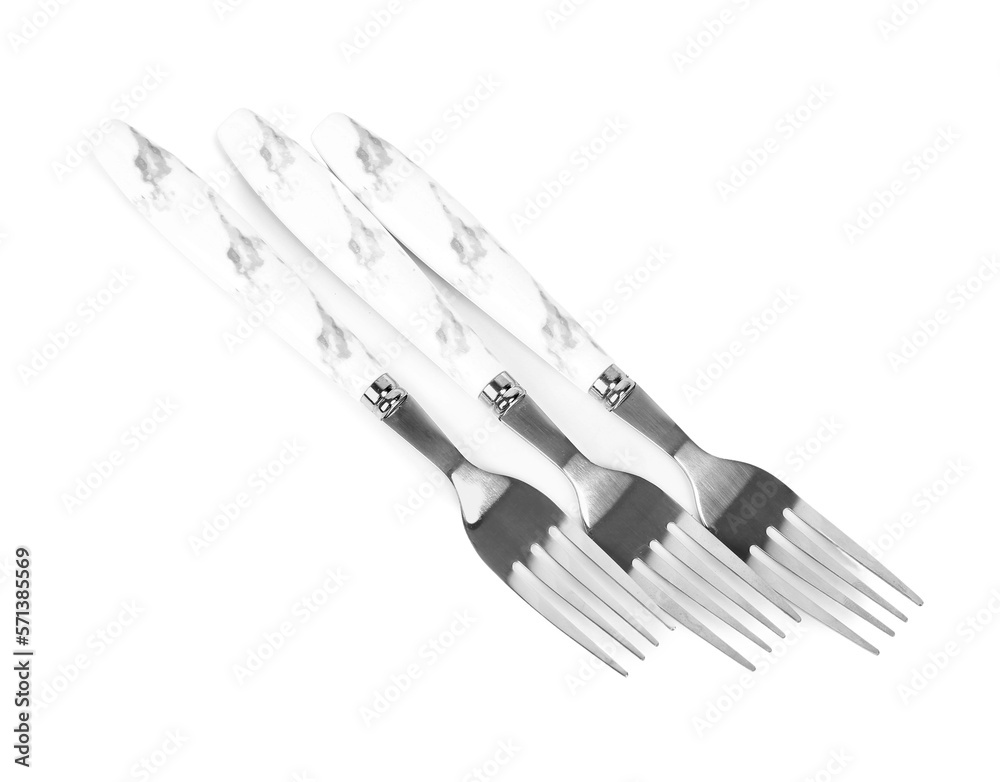 Stylish forks on white background