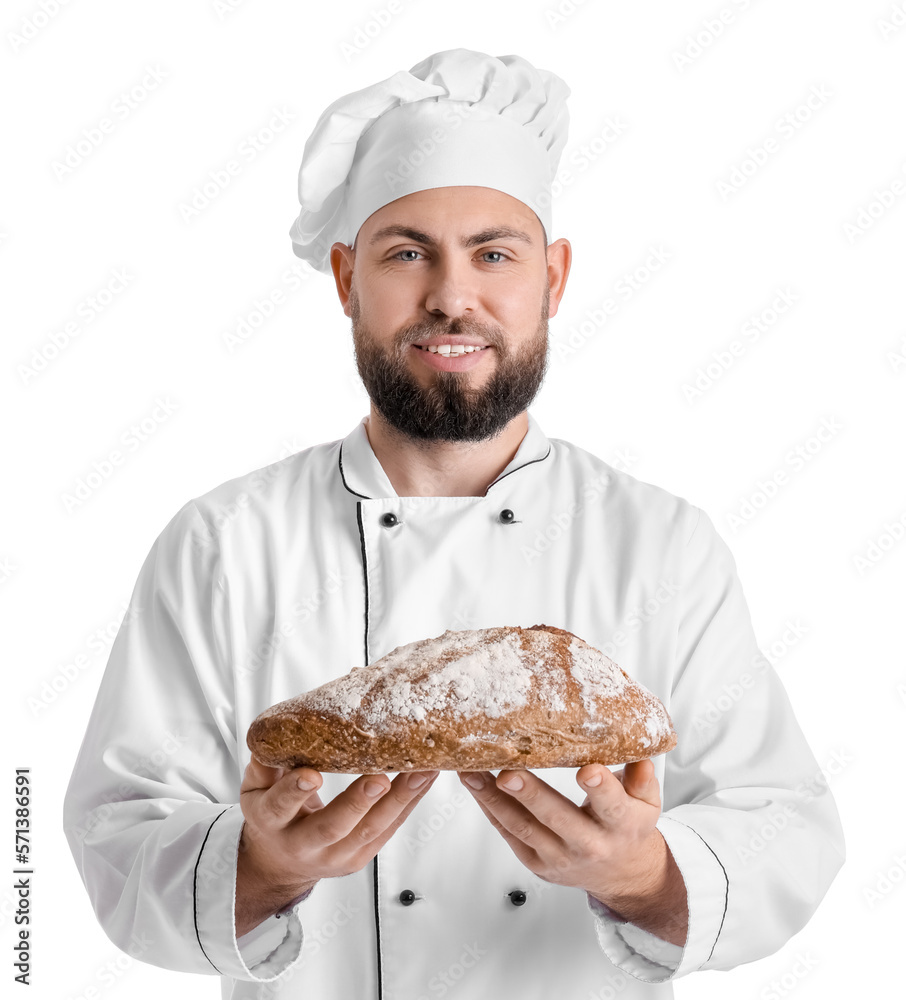 Male baker with fresh bread on white background