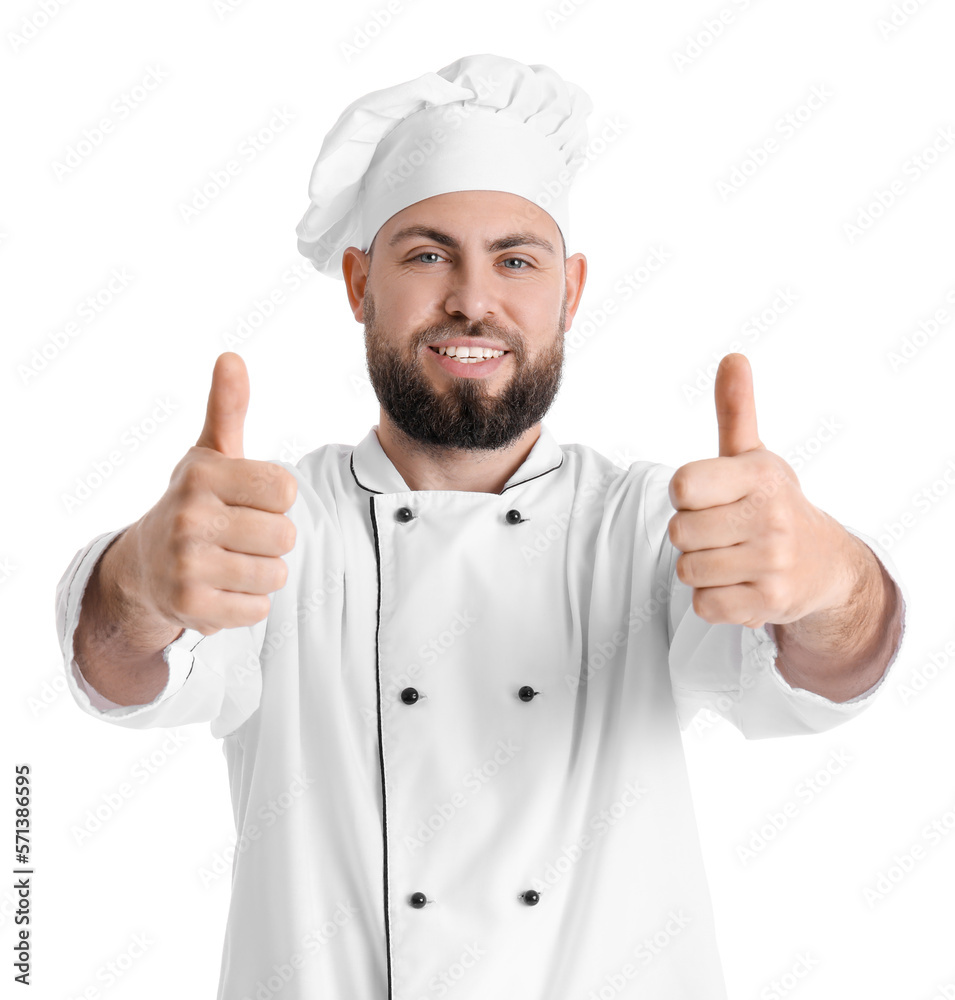 Male baker in uniform showing thumbs-up on white background