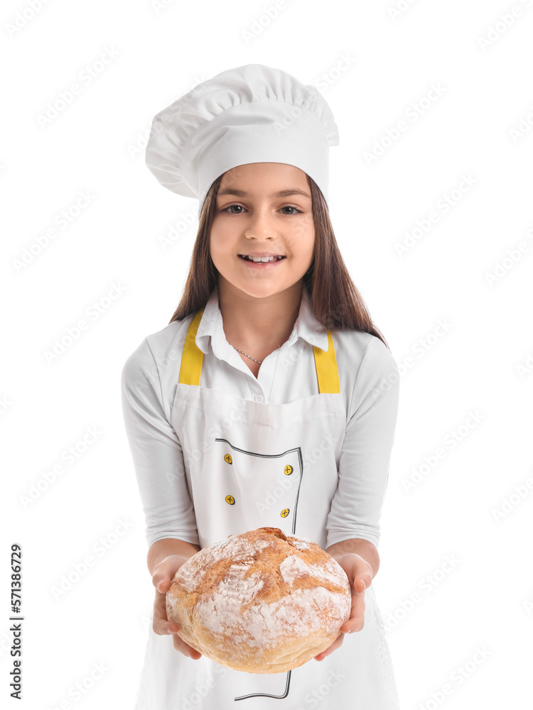 Little baker with fresh bread on white background