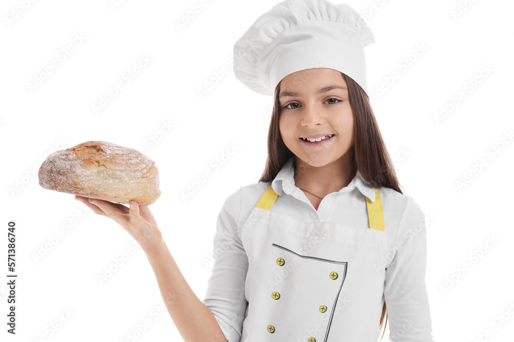 Little baker with fresh bread on white background