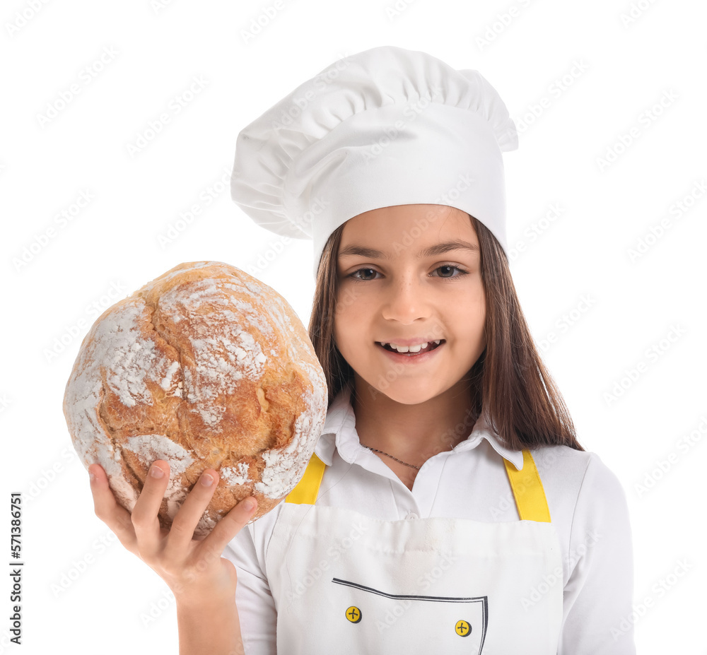 Little baker with fresh bread on white background, closeup