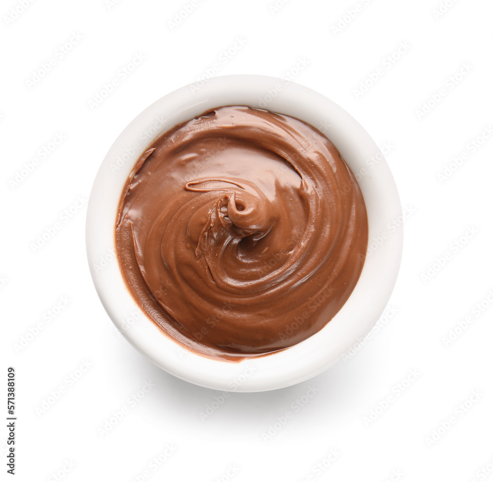 Bowl of delicious chocolate pudding isolated on white background