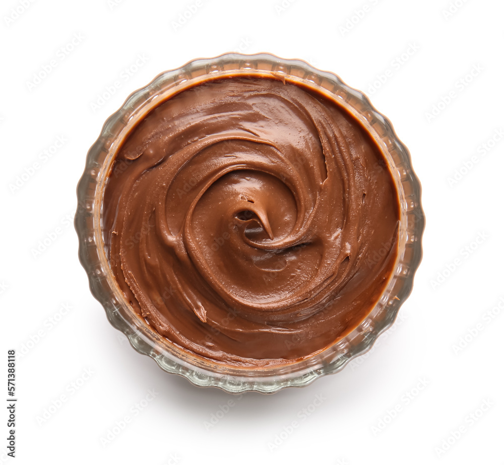 Glass of delicious chocolate pudding isolated on white background