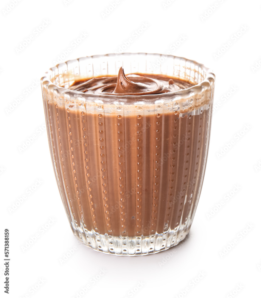 Glass of delicious chocolate pudding isolated on white background