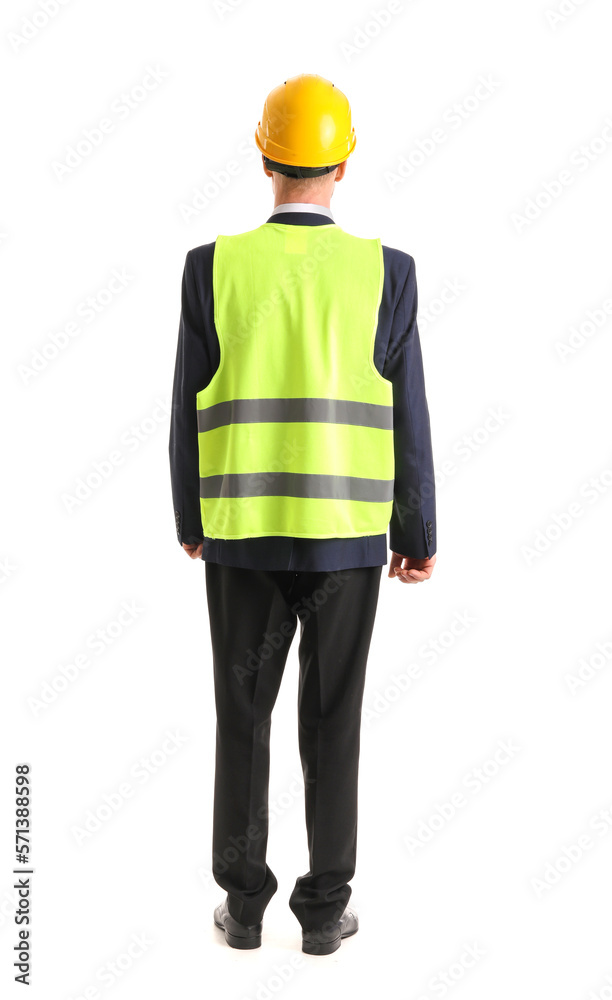 Male architect in vest on white background, back view