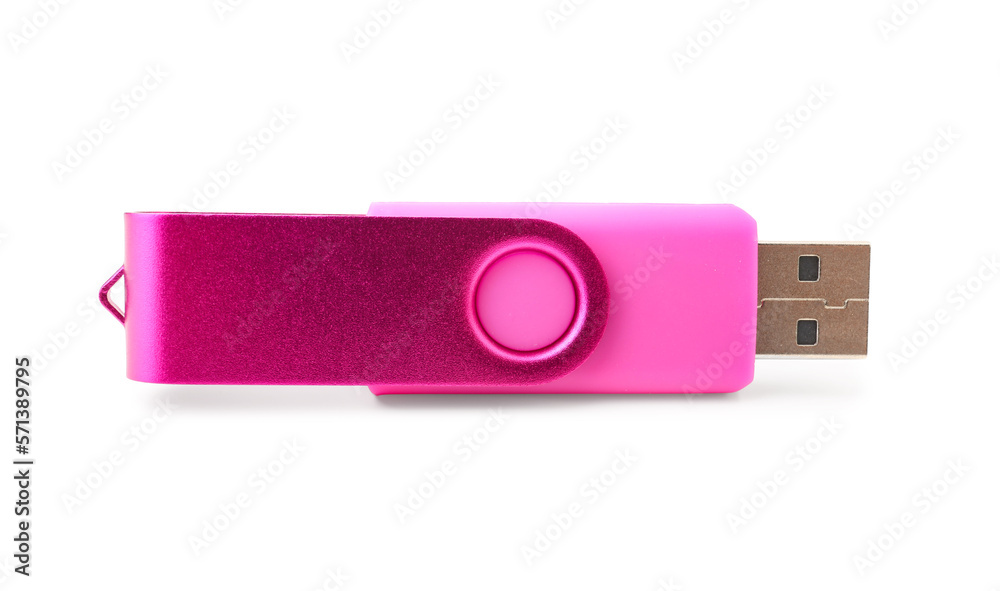 Pink USB flash drive on white background