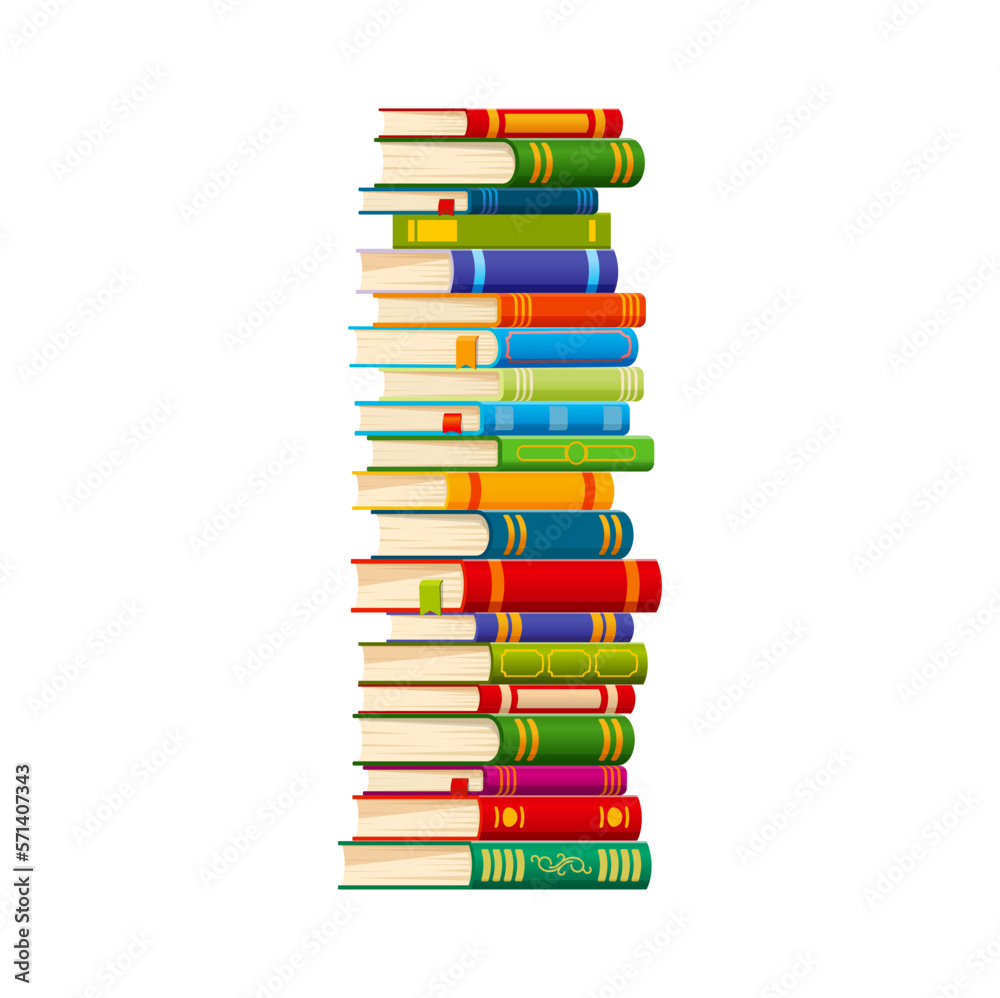 Stack of books, cartoon textbooks and bestsellers