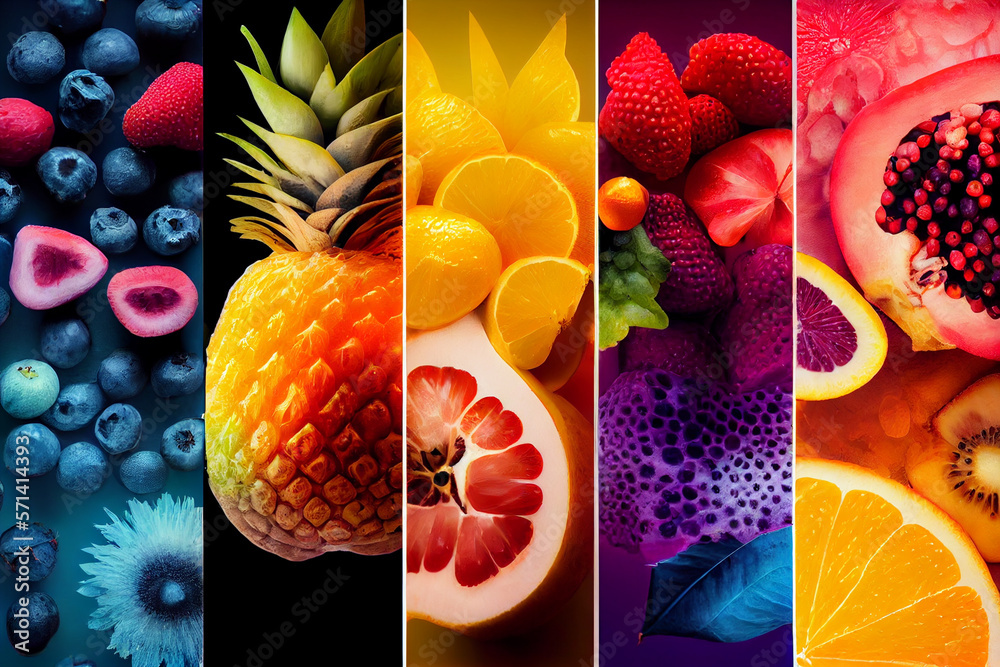 Collage with different fruits, berries and vegetables