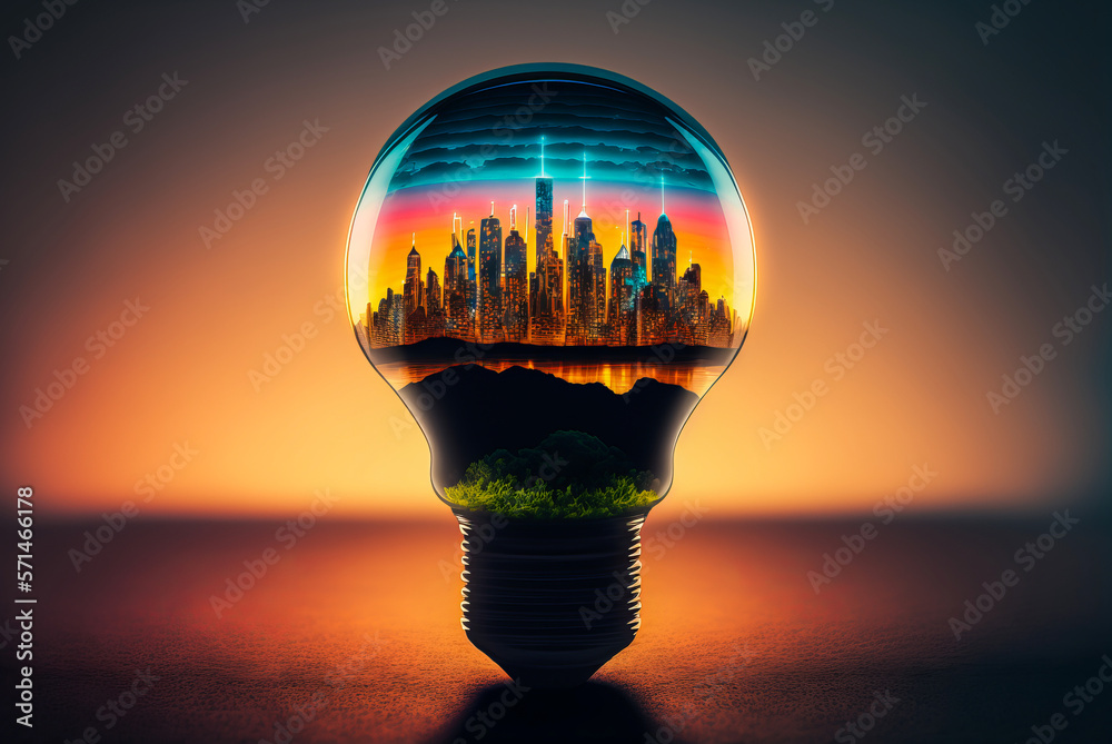 Light bulb with an urban landscape representing the role of clean energy. Message: illuminating the 