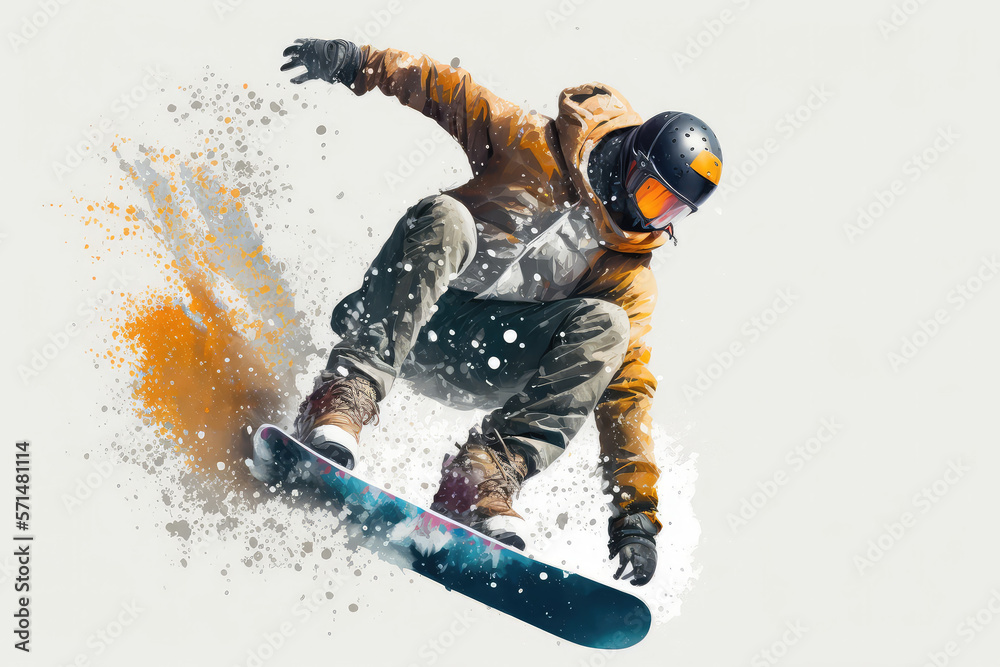 illustration painting of a snowboarding on white background. The snowboarder man doing a trick. Carv