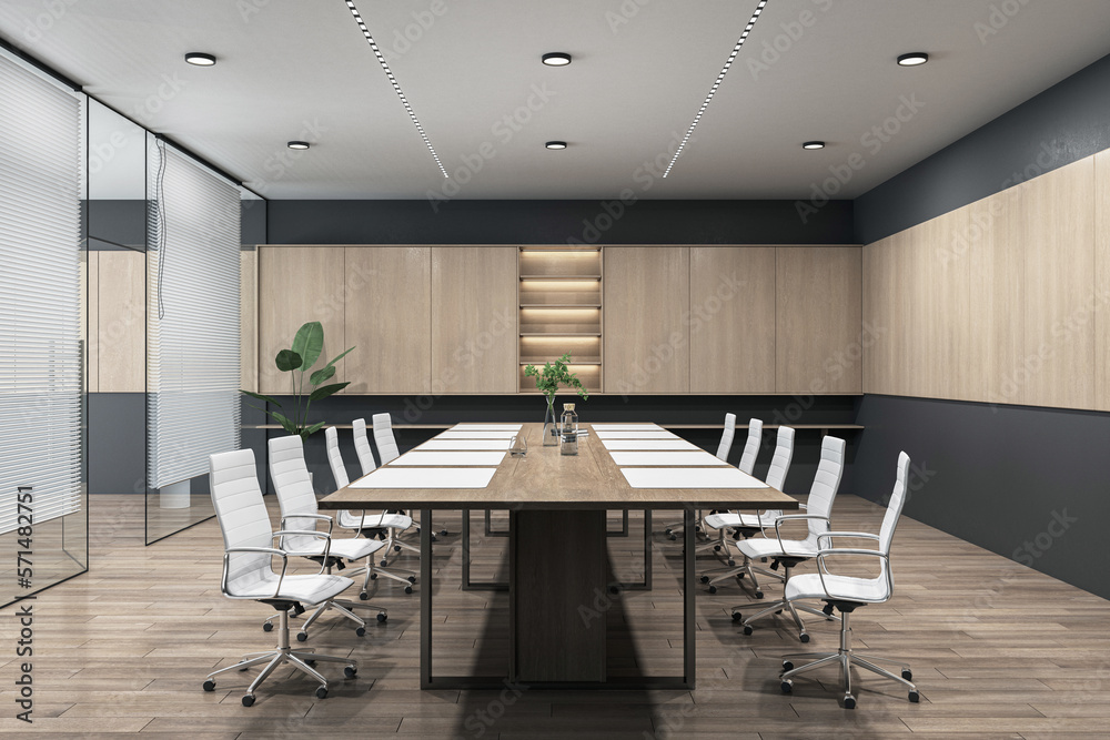 Side view on dark wooden conference table surrounded by white chairs on parquet floor in spacious me