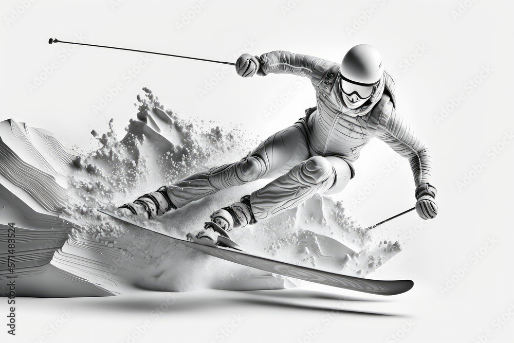 Realistic of a skiing on white background. The skier man doing a trick. Carving 3d illustration (ai 