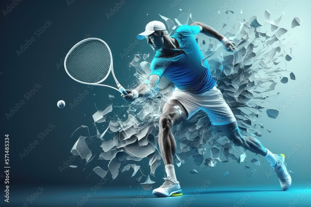 Realistic of a tennis player on blue background. Tennis player man with racket hits the ball. 3d ill