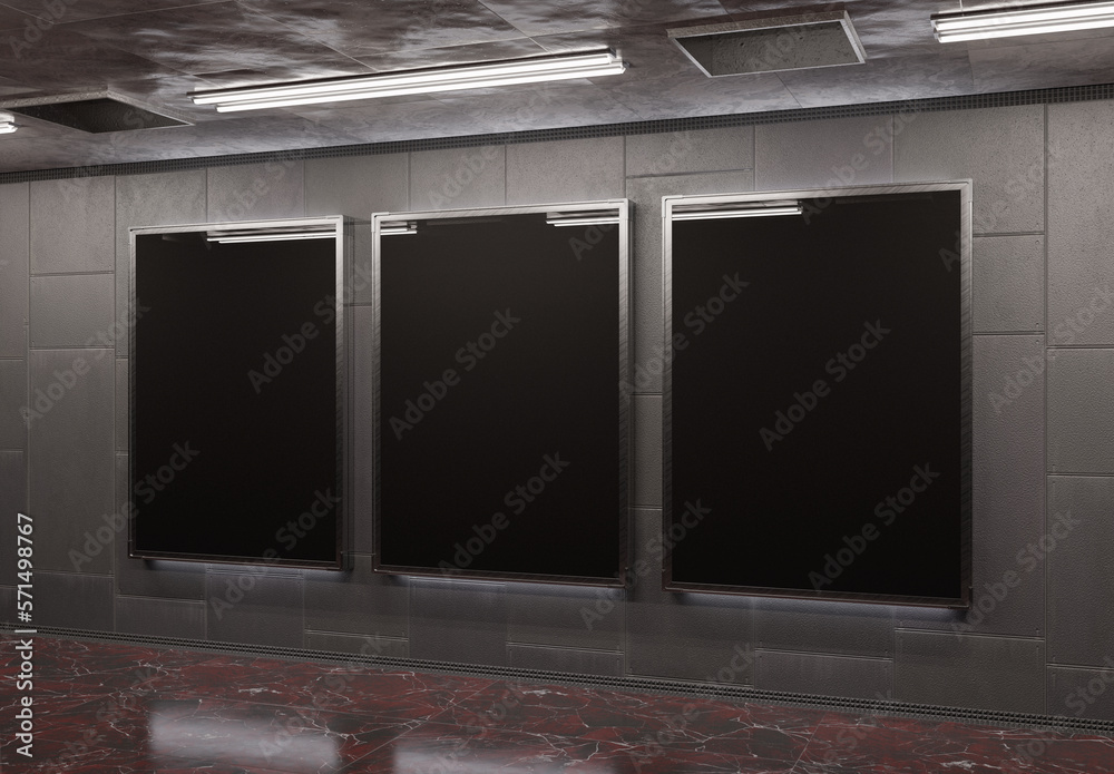 Three blank billboards on underground subway wall Mockup. Hoardings advertising triptych on train st