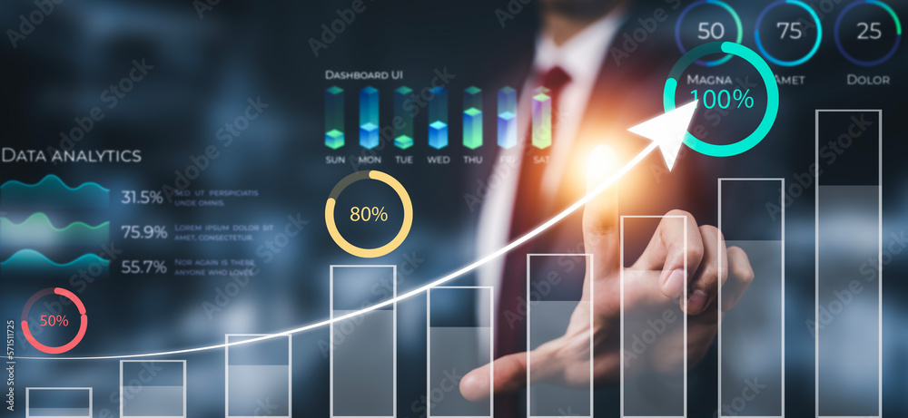 Startup arrow concept with icon business and network connection on modern virtual interface from dig