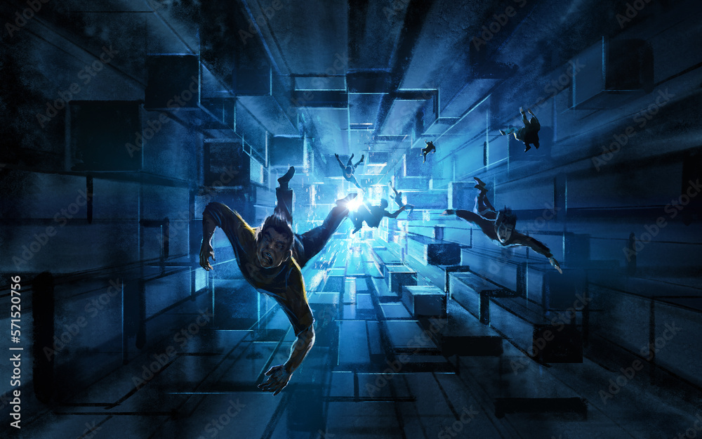 Man falling into information space, 3D illustration.