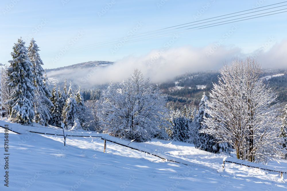 Winter landscape of Beskid Mountains in Poland, forest and mountain glade with wooden fence covered 