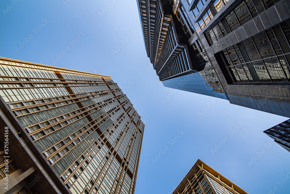 City building golden glass curtain wall shot from above