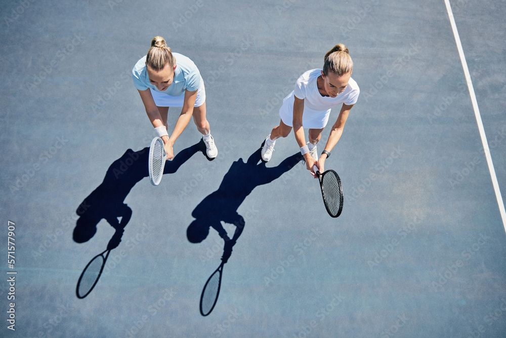 Woman, tennis and friends in team match, game or sports together standing ready above on the court. 