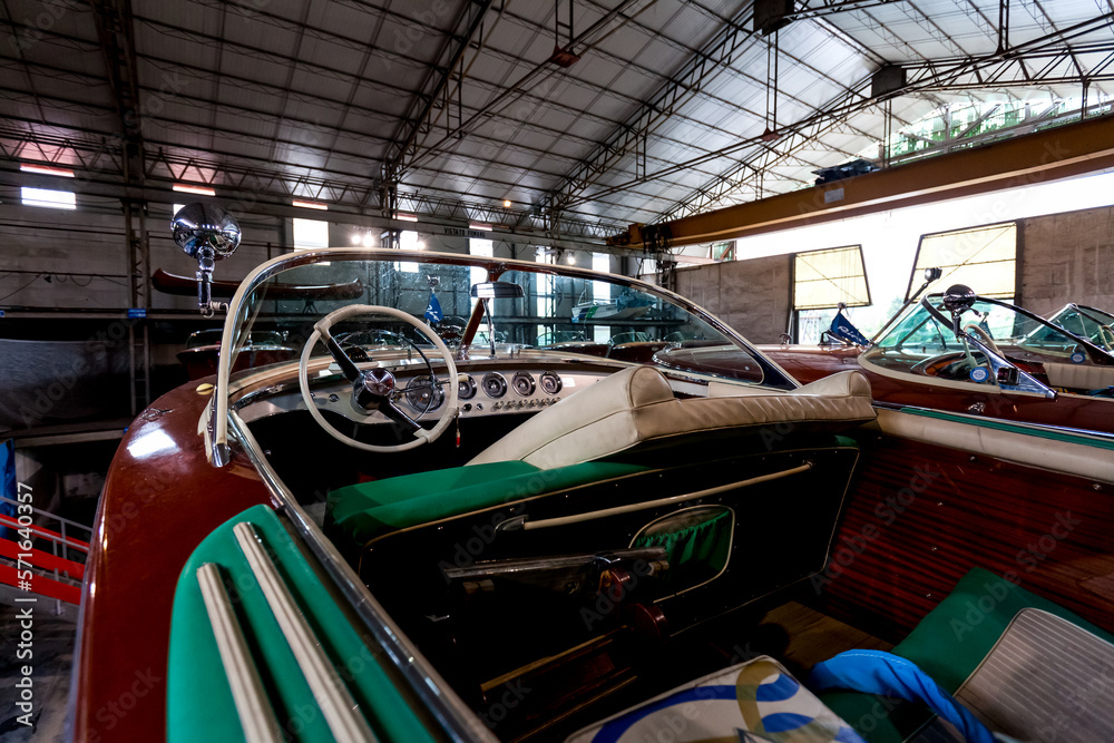 Vinage wooden motor boat dashboard in shipyard