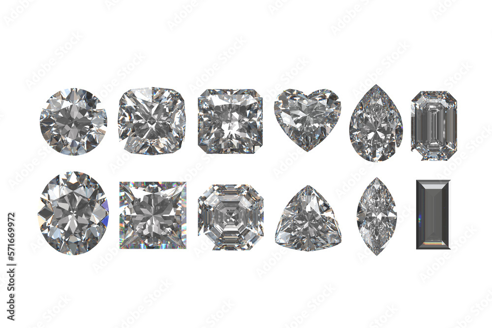 3D render diamonds multiple type transparent background in top view