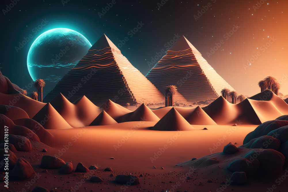 Desert with the great pyramids of ancient Egypt. Giza with pyramids. Fantasy desert landscape. (ai g