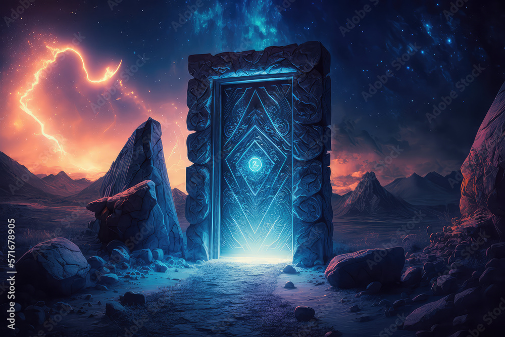 door fantasy glacial winter cold neon landscape. Winter snowy landscape. 3D illustration. (ai genera