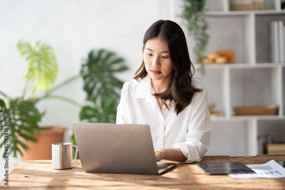 Young beautiful businesswoman using laptop computer in comfortable modern office room.