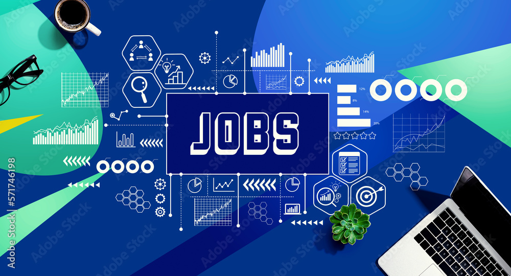 Job theme with a laptop computer on a blue and green pattern background