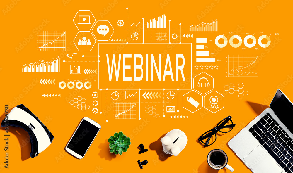 Webinar theme with electronic gadgets and office supplies - flat lay