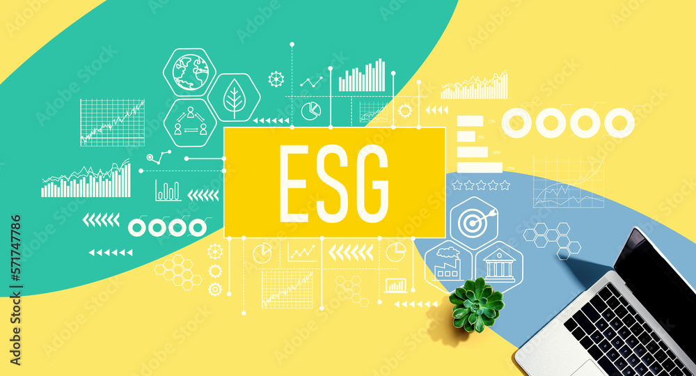 ESG - Environmental, Social and Governance concept with a laptop computer on a yellow, green and blu