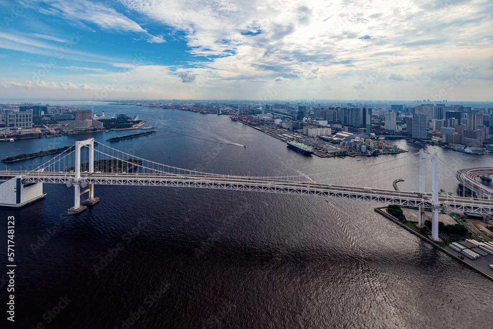 Aerial view of the Rainbow Bridge in Odaiba, Tokyo, Japan