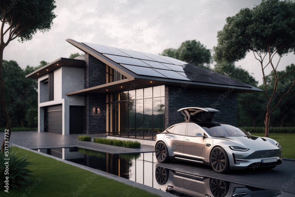 The electric car is charging near the house. A house with solar panels on the roof. Generative AI