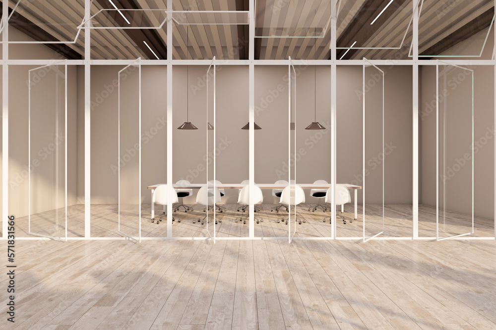 Front view on big light empty conference table on wooden floor surrounded by chairs and stylish lamp