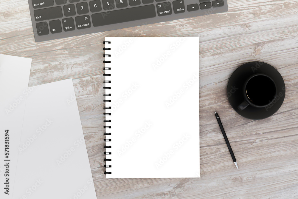 Top view of wooden desktop with empty white copybook, pen and coffee cup. Workspace concept. 3D Rend