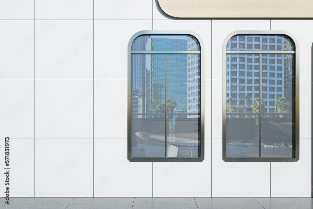 Modern daylit shop entrance facade with city reflections on windows. 3D Rendering.