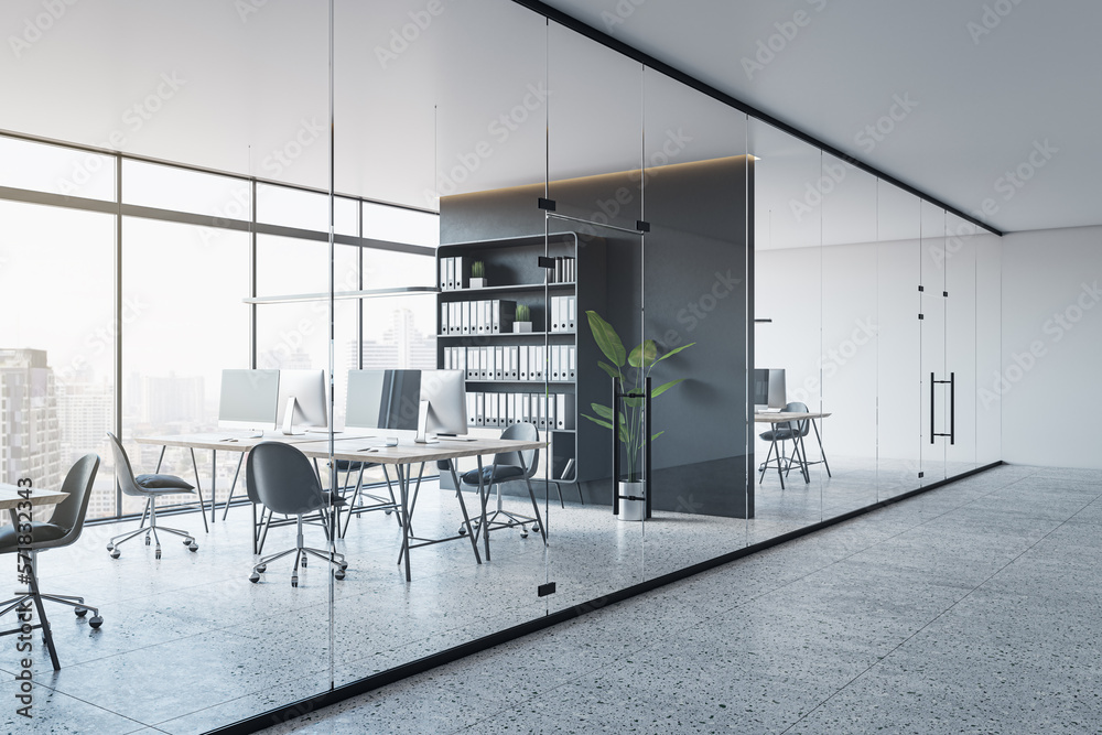 Modern glass office interior with concrete flooring, furniture, window with city view and other obje