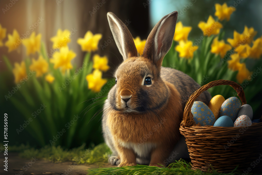 Easter bunny with a basket full of ornate eggs on a green lawn, sunny day. Generative AI