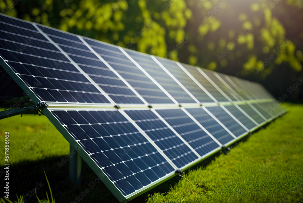 Solar panels row on a grass of green lawn. Solar energy generation. Renewable energetics. Generative