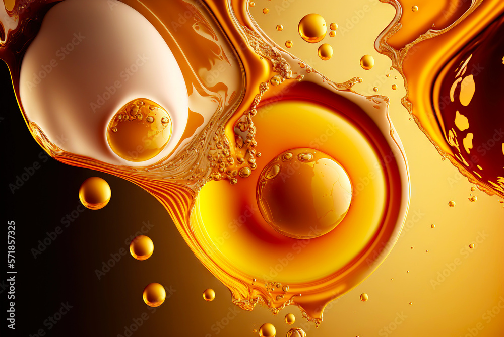 Golden bubbles of honey, oil, beer or juice. Macro of fluid flow. Generative AI