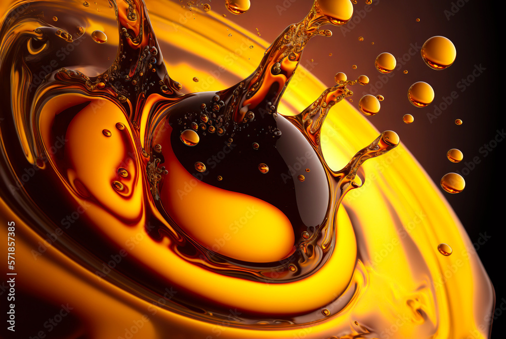 Golden splash of honey, oil, beer or juice. Macro of fluid flow. Generative AI