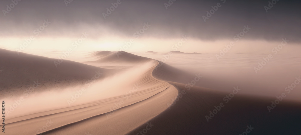 Desert sand landscape. Atmospheric scenic imaginary view. Clouds and sandstorm. Generative AI