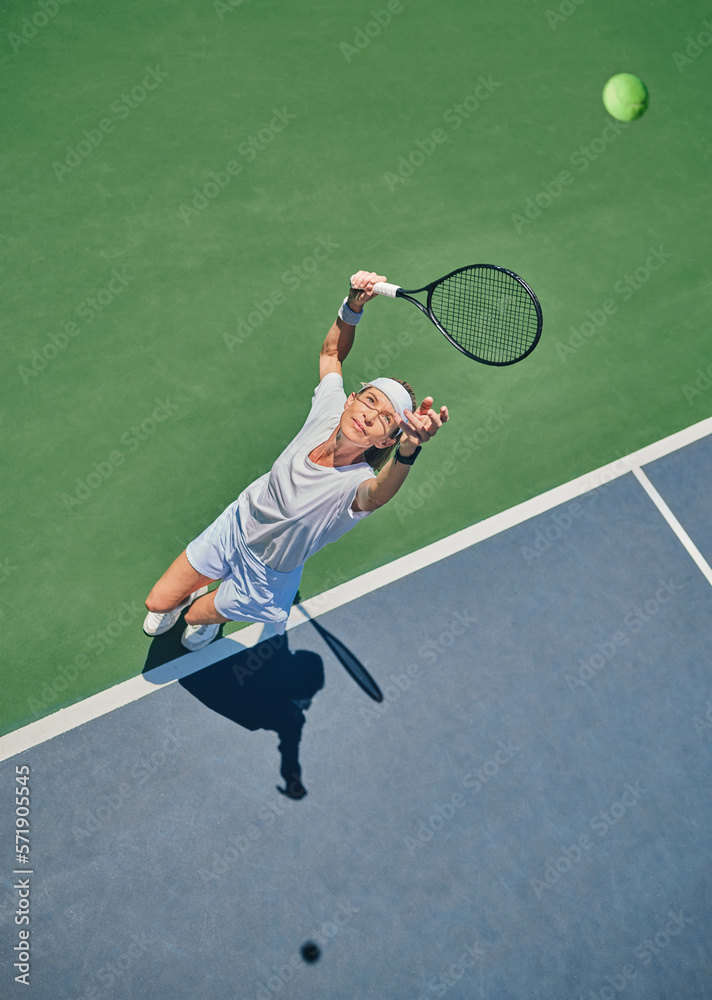 Tennis serve, sport and woman on outdoor court, fitness motivation and competition with athlete trai