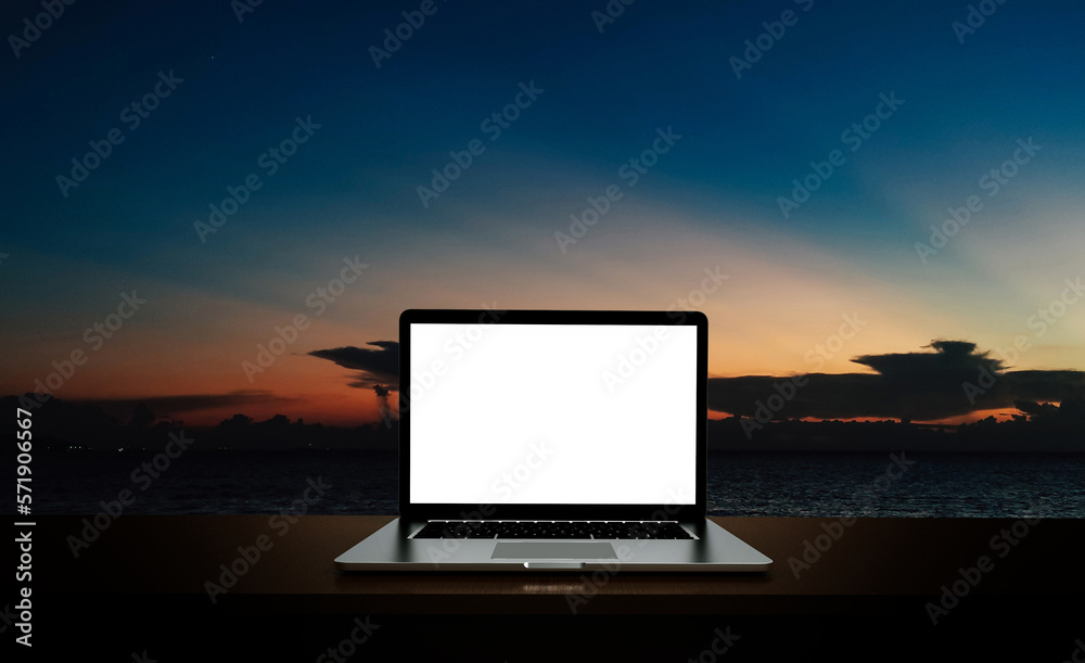 Modern laptop  isolated on sea background. 3D illustration.