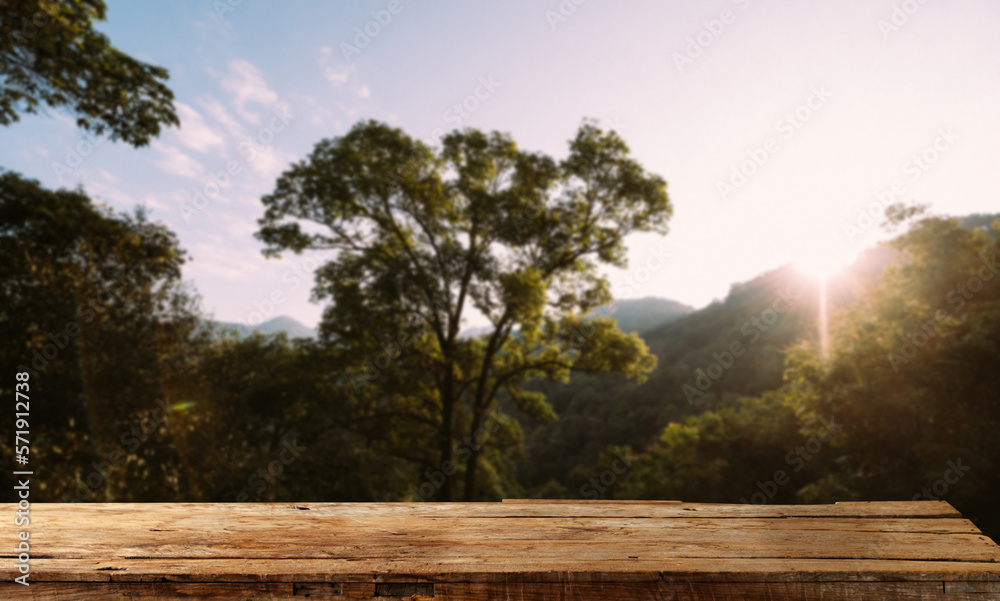 Empty top of wooden shelves on sky mountain and river trees front view background. For product displ