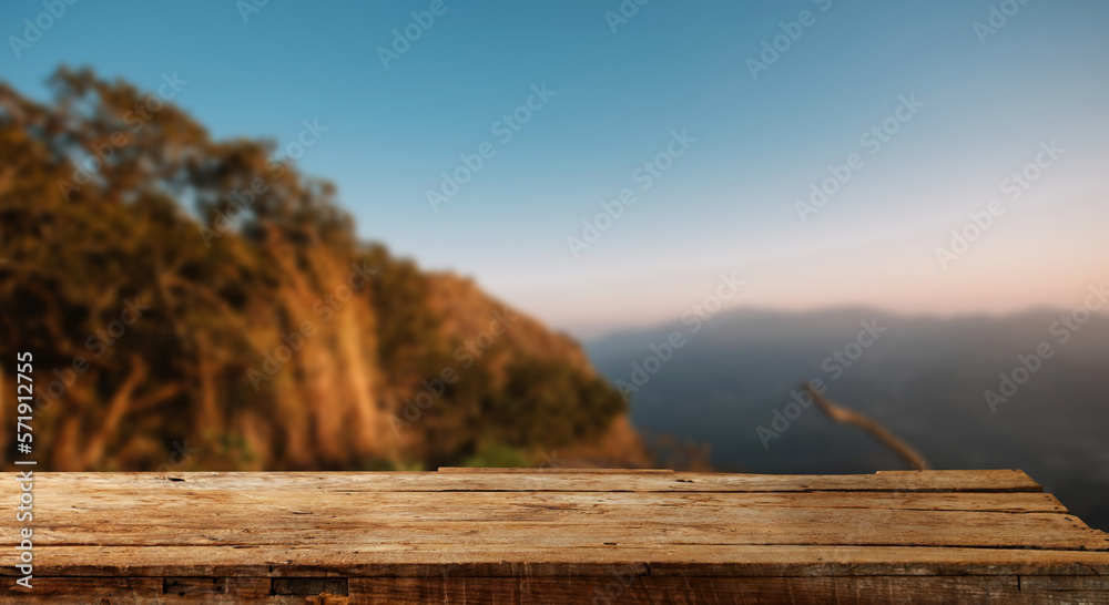 Empty top of wooden shelves on sky mountain and river trees front view background. For product displ