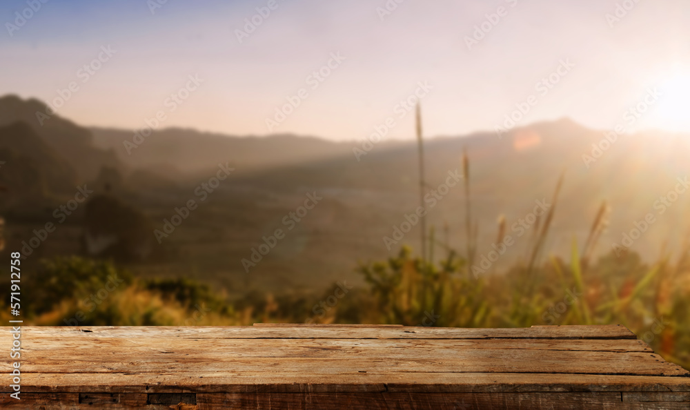 Empty top of wooden shelves on sky mountain and river trees front view background. For product displ